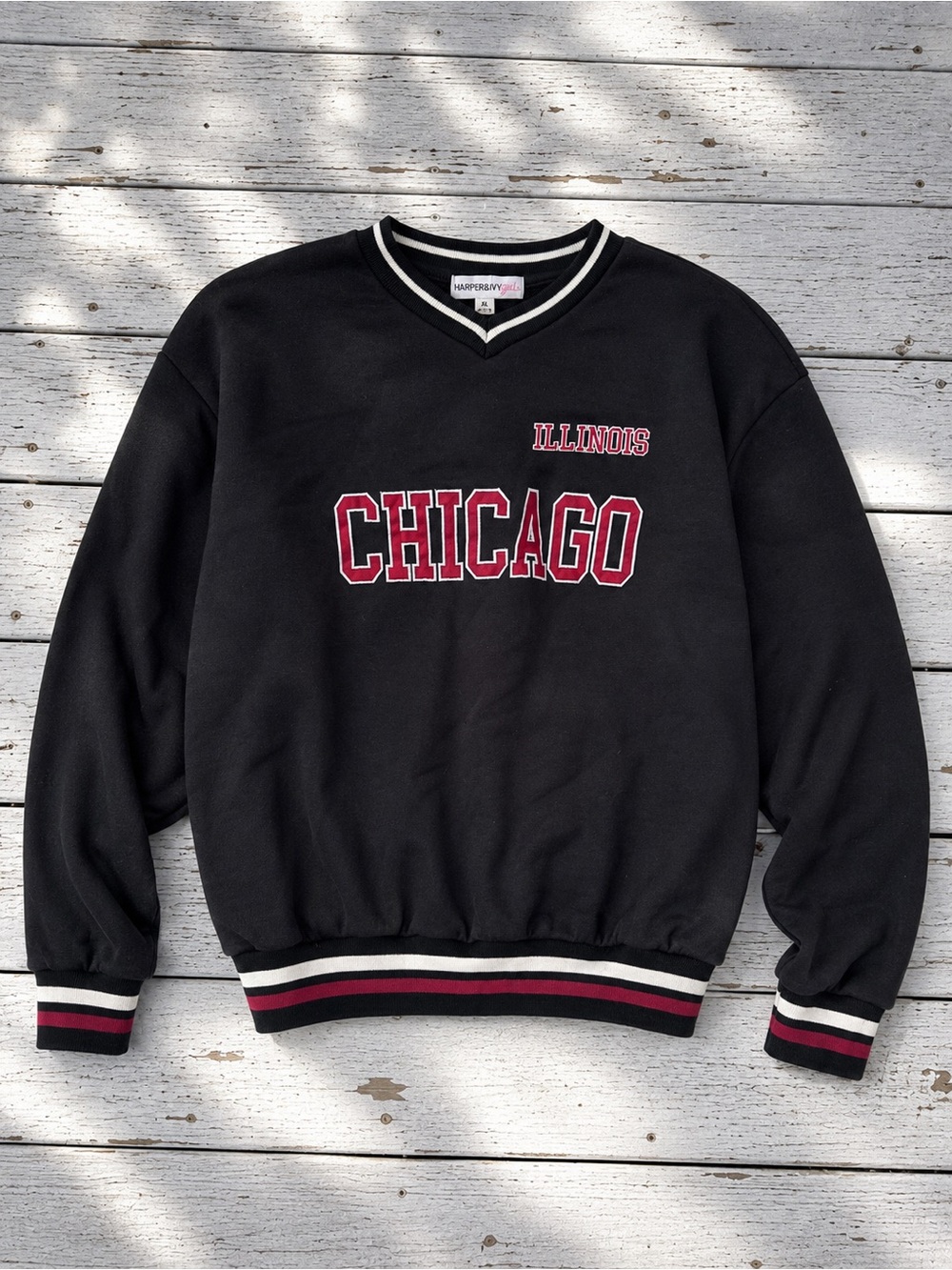 Harper & Ivy Girl Chicago Illinois Varsity Sweatshirt Womens XL Graphic Black